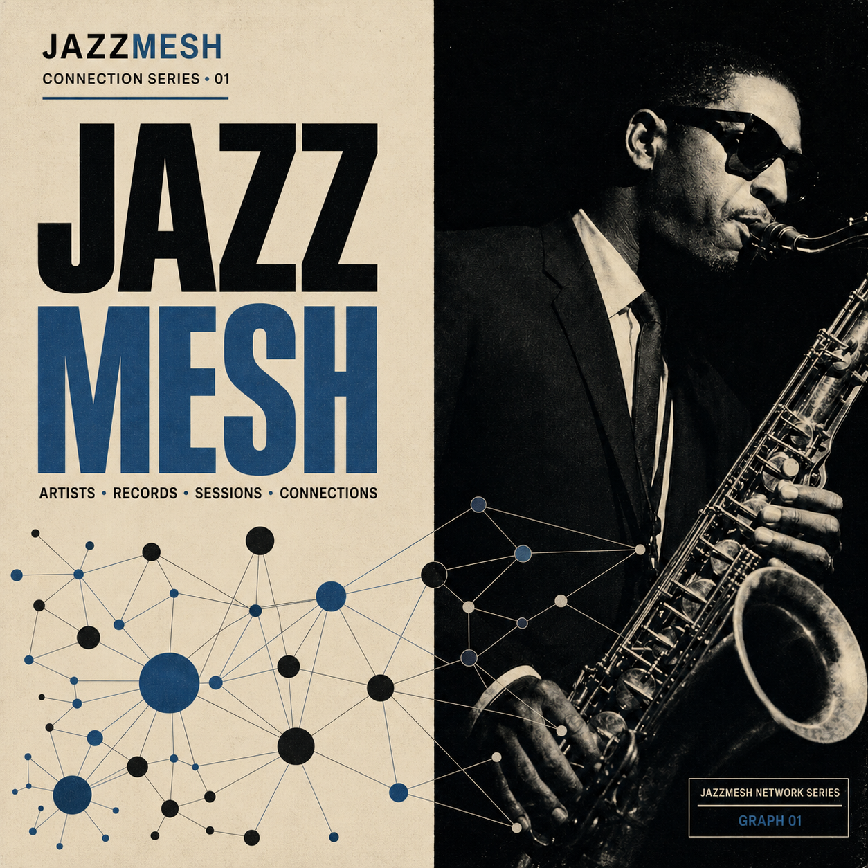 Affiche éditoriale JazzMesh mêlant saxophoniste, typographie et graphe de connexions